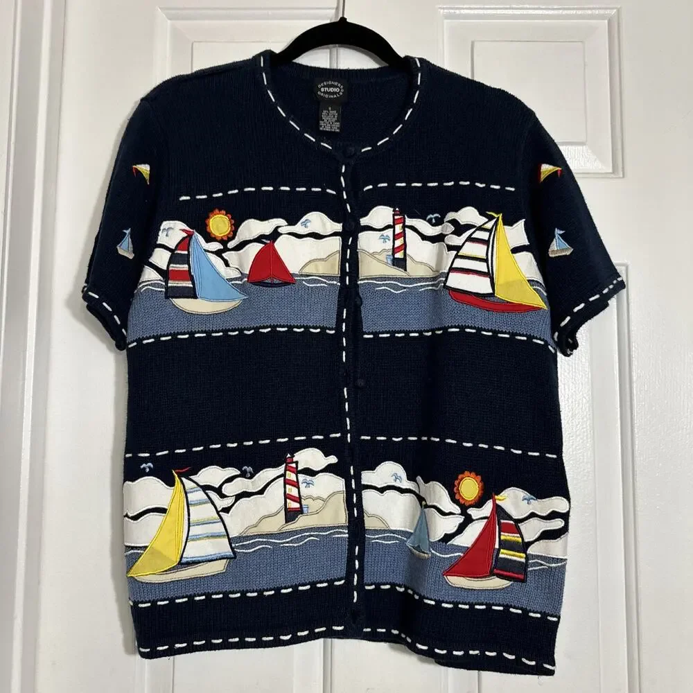 VTG Designers Studio Originals S/S Navy Blue Sweater Nautical Theme Sailboats S